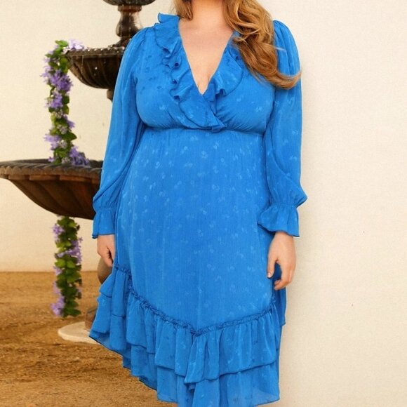 plus size Ruffle Trim long Flounce Sleeve Layered Hem Dress - Picture 4 of 5